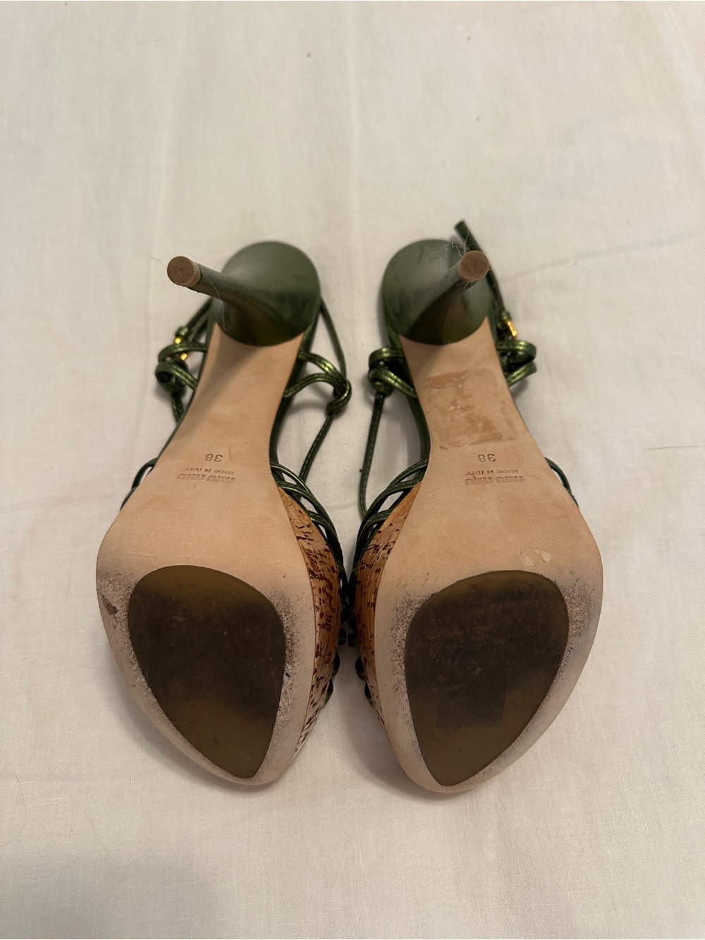 Miu Miu Metallic Olive Green Strappy Knot-Heel Sandals - Picture 5 of 8